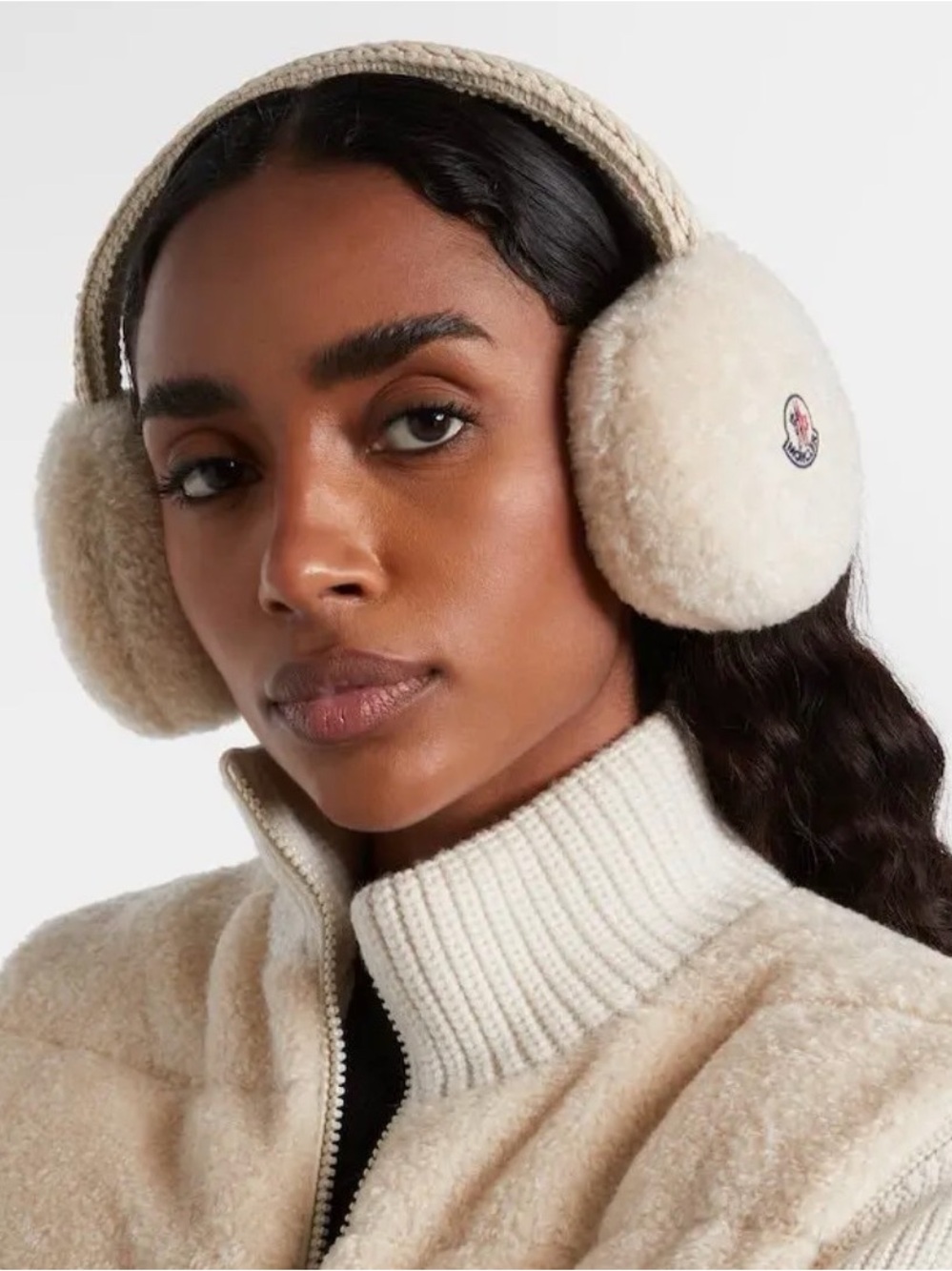 NWT Moncler Beige Fleece Teddy Ear Muffs Embroidered Classic Logo One Size